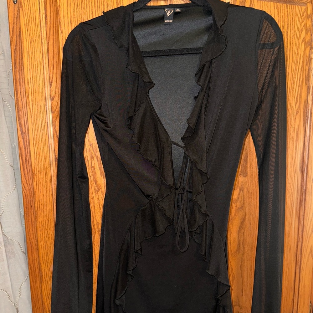Black open front sheer dress, with ties in the front.